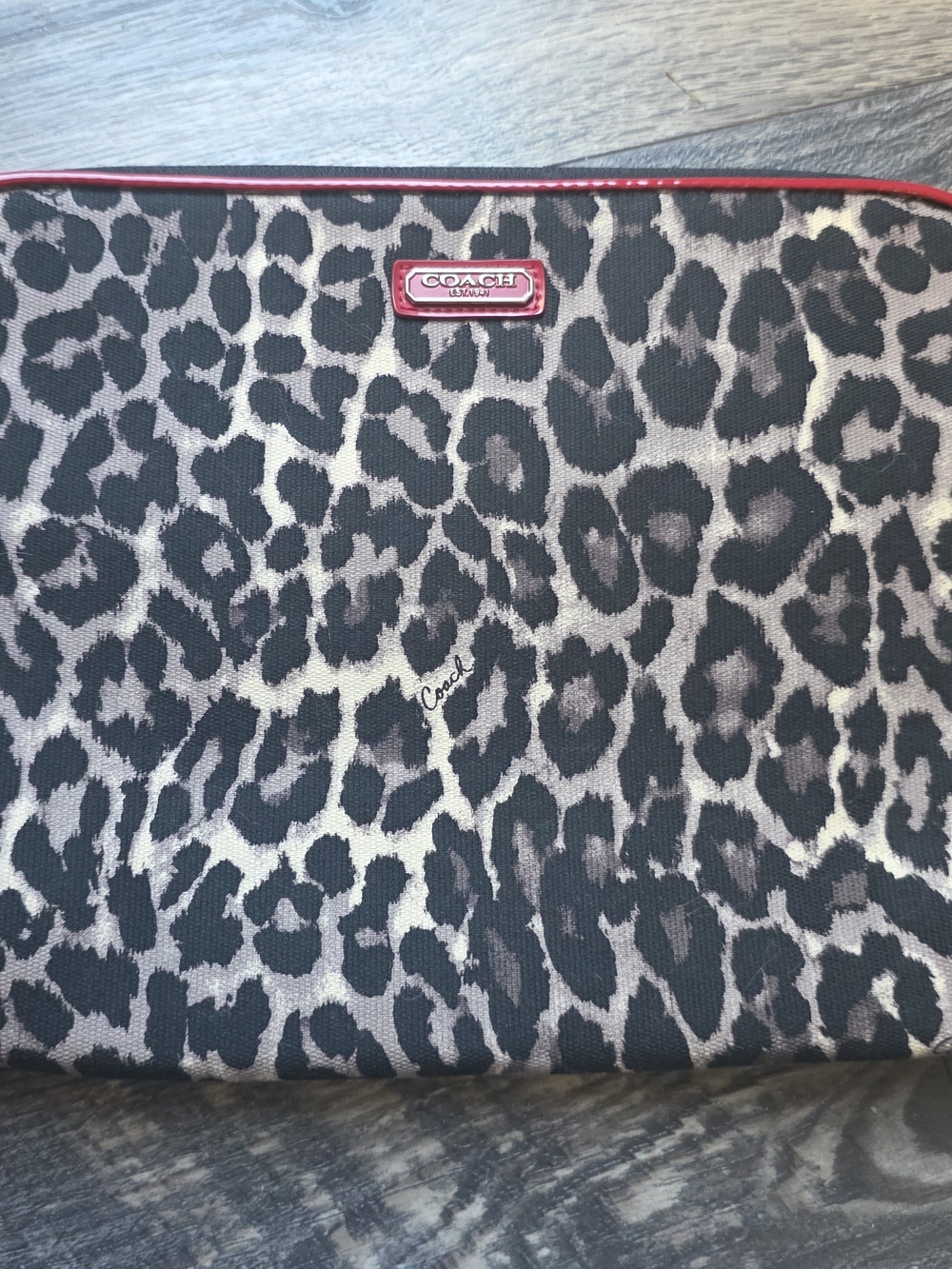 Coach Leopard Print Tablet Sleeve in Black, Cream and Red Trim